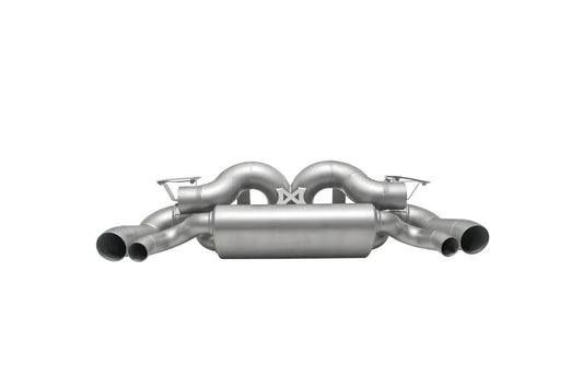 Soul Performance center muffler bypass X-pipe valved exhaust system in silver for Porsche 911 on a white background.