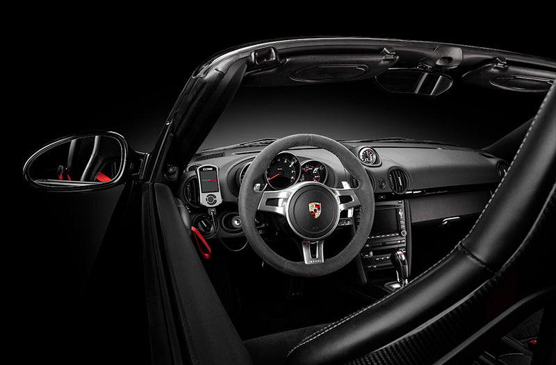 Interior view of 987 Boxster with Cobb Tuning Accessport installed.