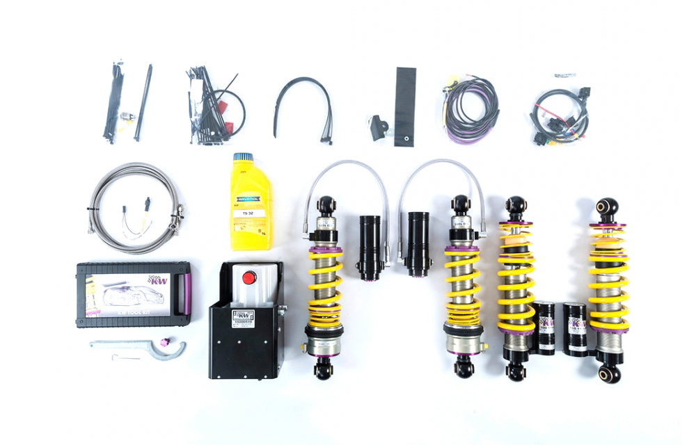 KW HLS lift kit with V3 coilovers for Porsche on white background.