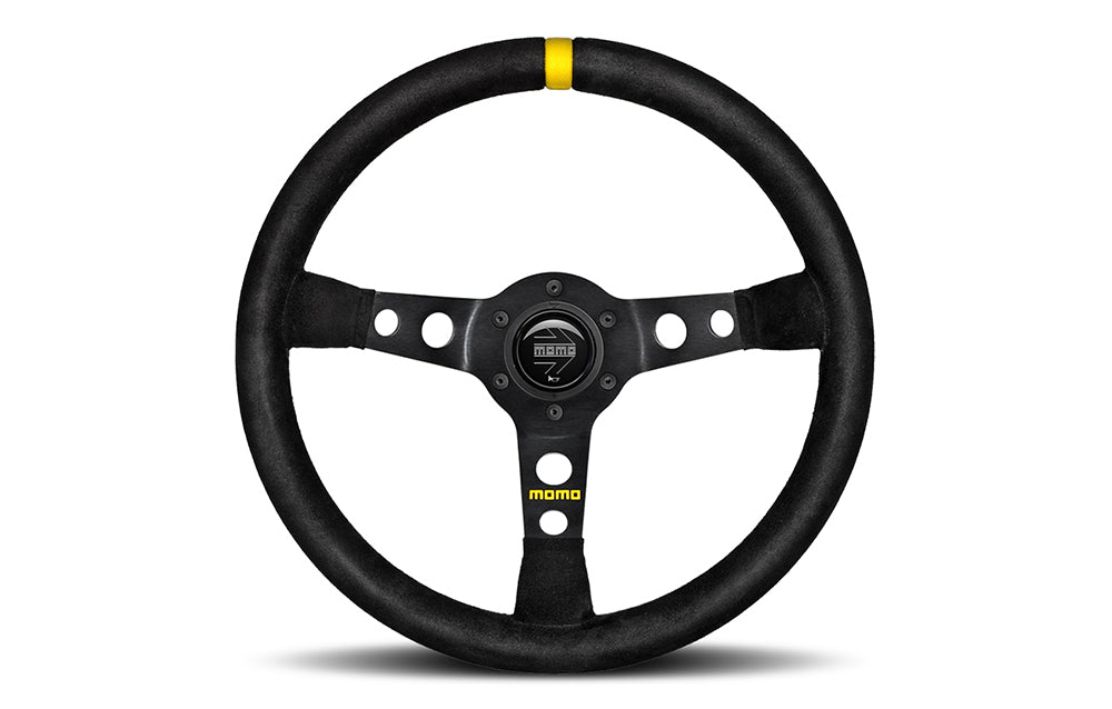 Momo Mod07 black steering wheel with yellow center on a white background.