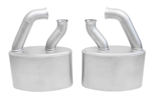 Pair of Soul Performance sport mufflers in silver with Soul logo for Porsche 993 Carrera on white background.