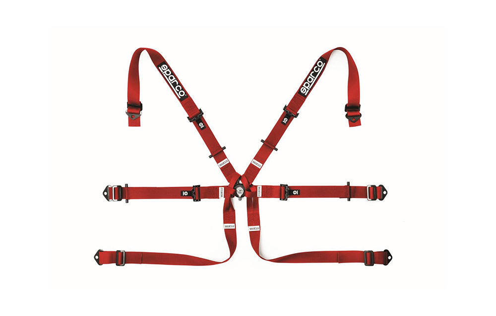 Sparco red 6-point harness with straps on a white background.