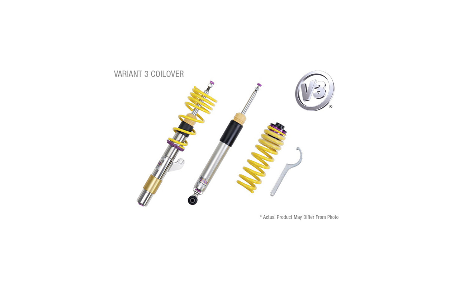 KW V3 coilover system for Porsche 911 with spanner wrench on a white background and a V3 logo in the corner.