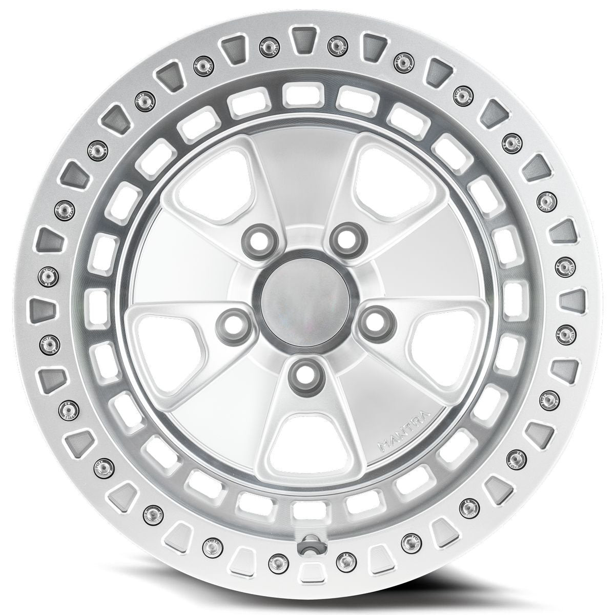 Silver forged alloy off-road wheel with beadlock for Porsche Cayenne on a white background.