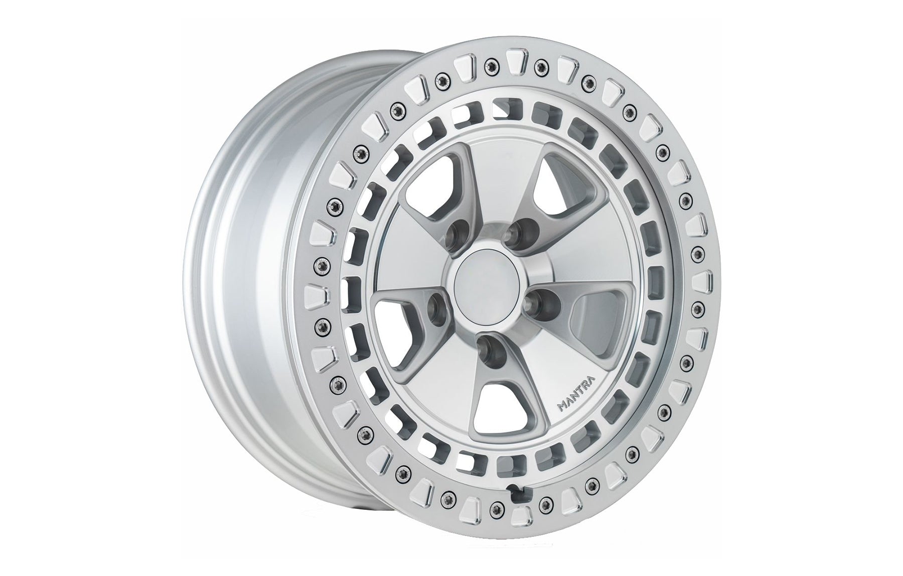 Silver forged alloy off-road wheel with beadlock for Porsche Cayenne in white background.