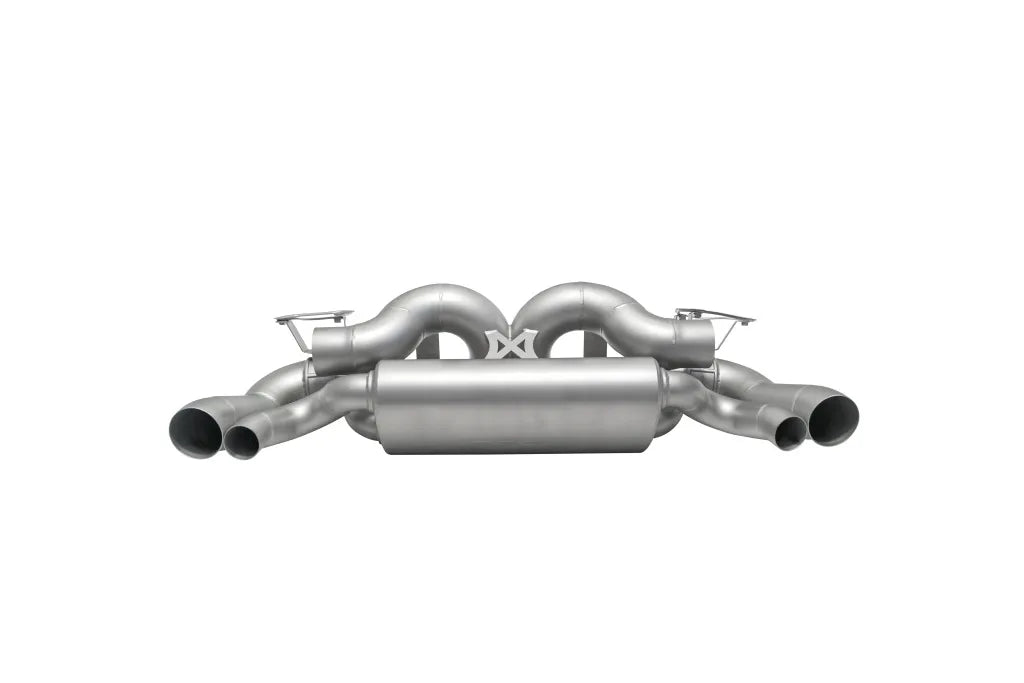 Soul Performance center muffler bypass X-pipe valved exhaust system in silver for Porsche 911 on a white background.
