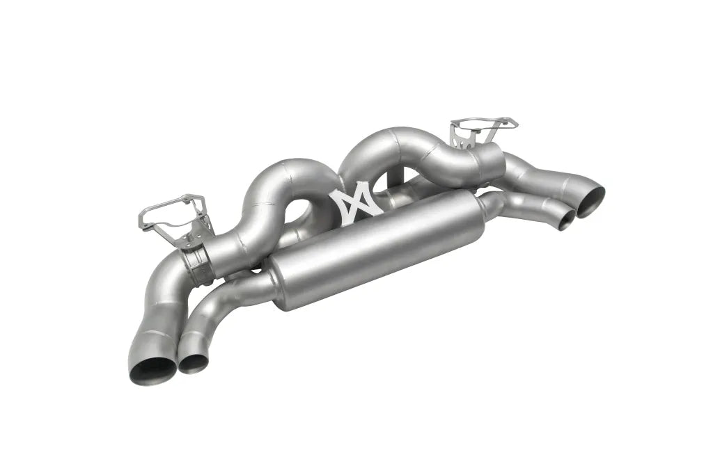 Soul Performance center muffler bypass X-pipe valved exhaust system in silver for Porsche 911 on a white background.