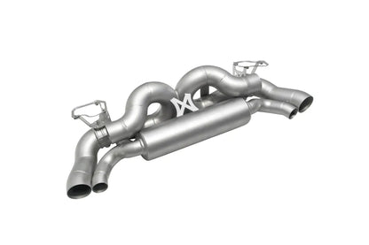 Soul Performance center muffler bypass X-pipe valved exhaust system in silver for Porsche 911 on a white background.