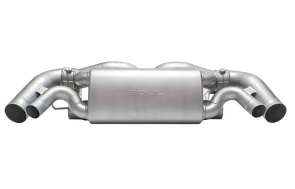 Soul Performance center muffler exhaust system in silver for Porsche 911 on a white background.