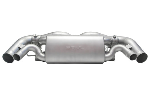 Soul Performance center muffler exhaust system in silver for Porsche 911 on a white background.