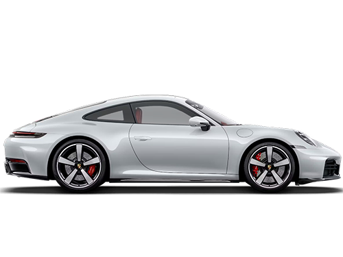 Side profile view of white Porsche 992 911 Carrera.