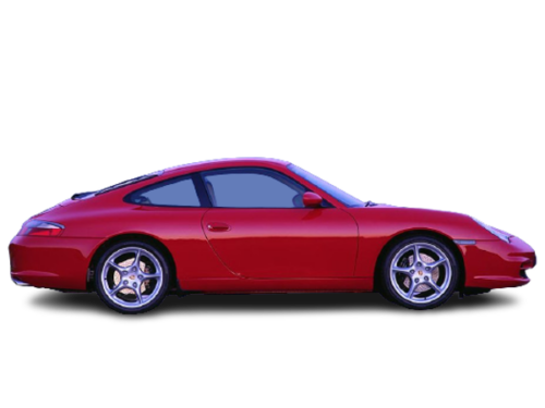 Side profile view of red Porsche 996 911 Carrera.