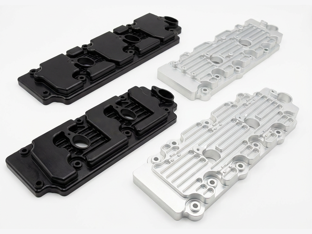 Metal valve covers in black and silver on white background