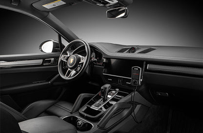 COBB Tuning Accessport installed inside Porsche Cayenne 9Y0 interior on right side dash.
