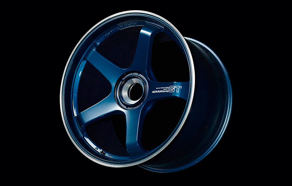 Advan Racing GT for Porsche centerlock in racing titanium blue on black background.
