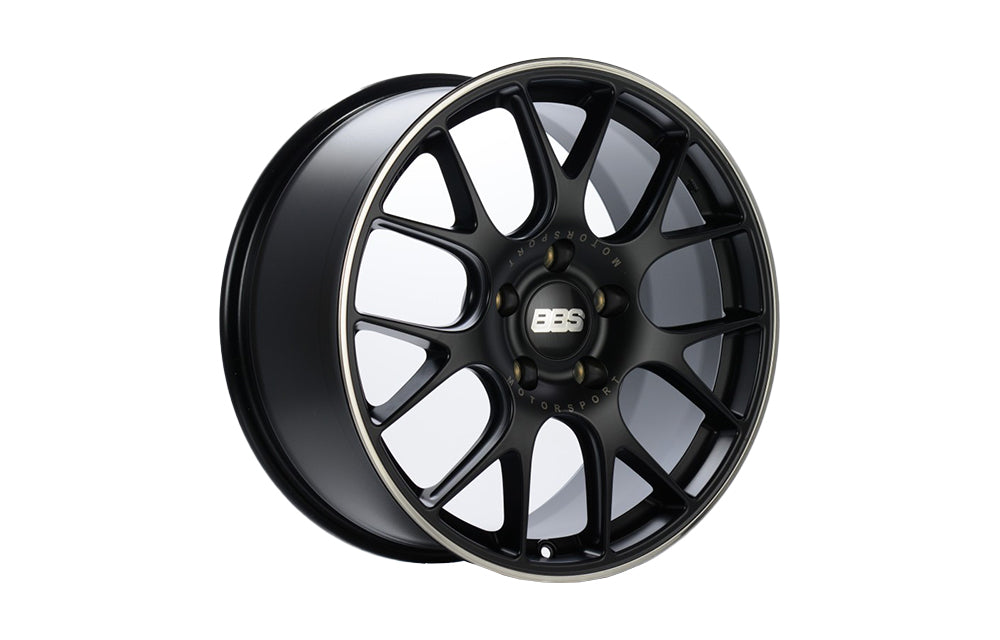 BBS CH-R flow-formed wheel in Satin Black with polished rim protector for Porsche fitment on white background.