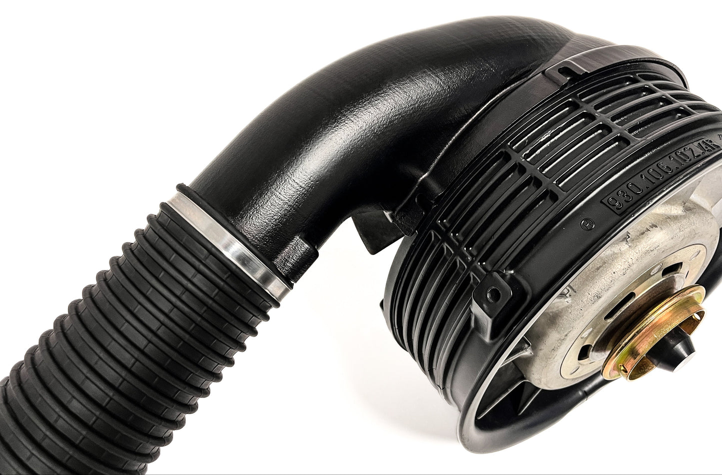 top view of DTW Triebwerk heater fan for Porsche 964 RS and 993 RS heater duct replacement on white background.