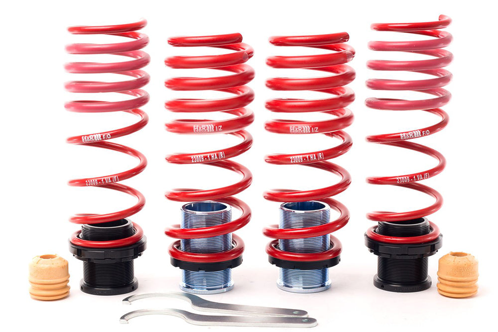 Set of red H&R VTF adjustable spring kit suspension with mounting hardware for Porsche 991 RWD on a white background