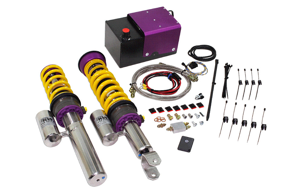 Full kit for KW HLS package with KW V3 coilovers, control box, and hardware on white background.