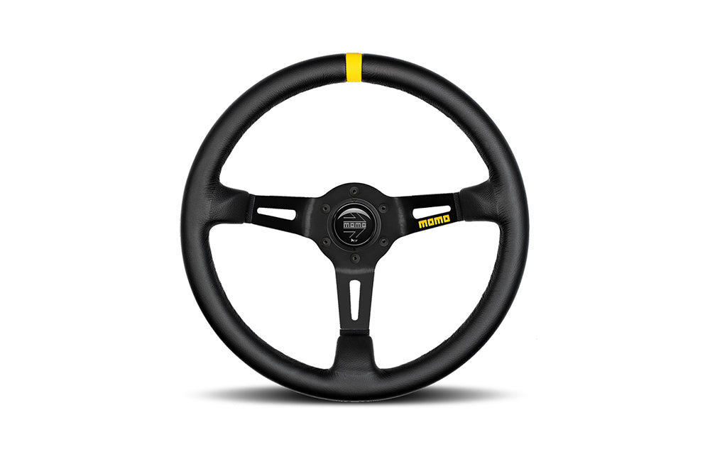 Black Momo Mod 08 steering wheel with leather and yellow center on a white background.