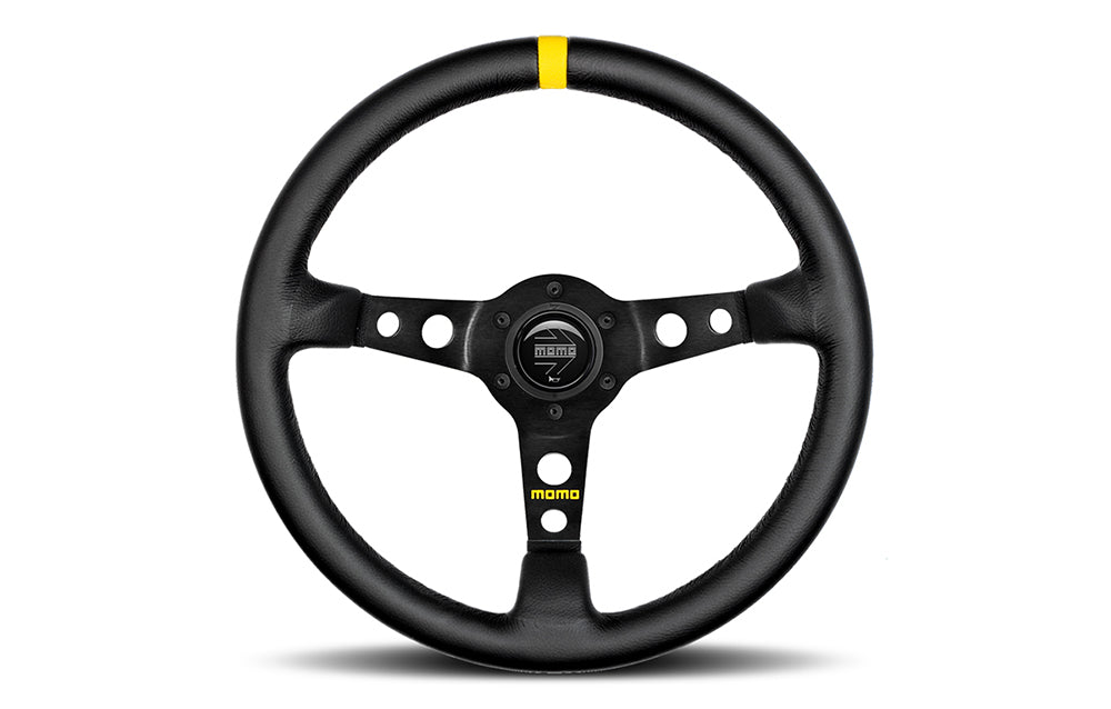 Momo Mod07 black steering wheel with yellow center on a white background.