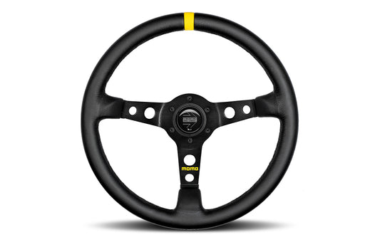 Momo Mod07 black steering wheel with yellow center on a white background.