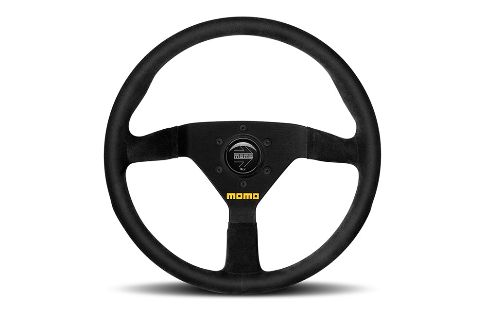 Momo Mod78 black suede steering wheel on a white background.