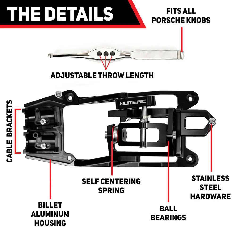 Technical diagram of a mechanical Numeric short throw shifter assembly on white background.