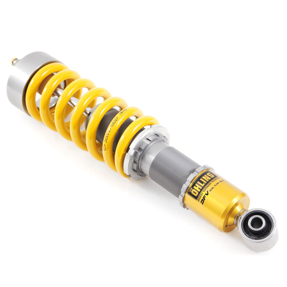 Ohlins coilover with yellow springs on white background.