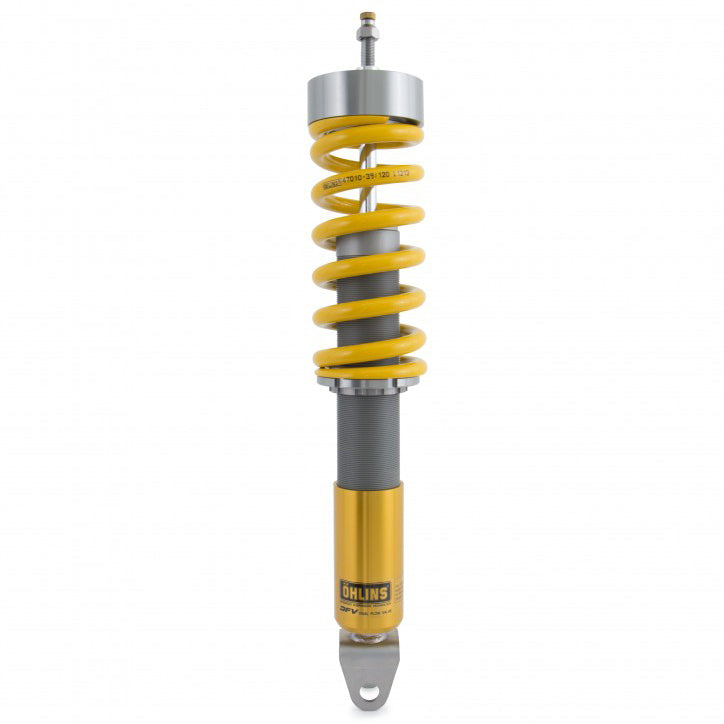 Yellow Ohlins coilover on a white background.
