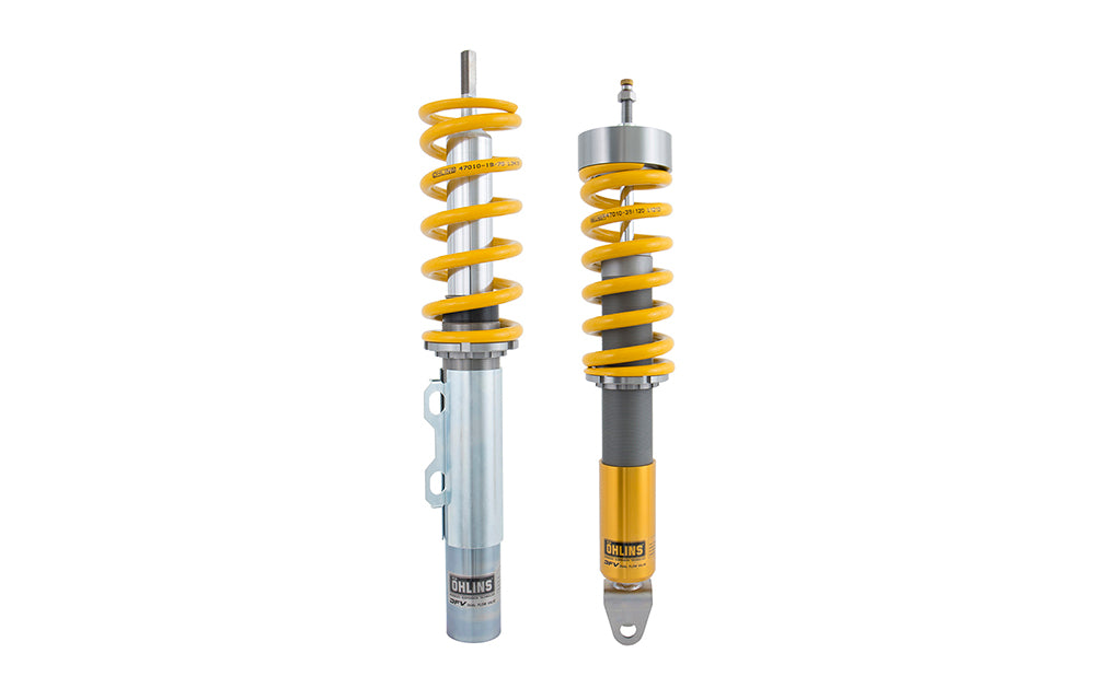 Pair of Ohlins Road and Track coilover on white background.