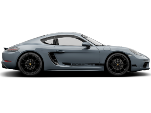 Side view of a gray Porsche Cayman 718 on a white background
