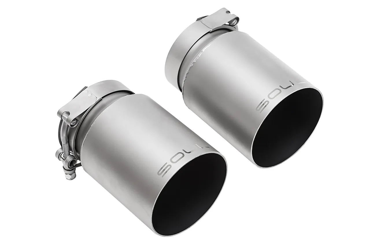 Soul Performance single wall bolt-on straight cut exhaust tips in silver with Soul logo for Porsche on a white background.