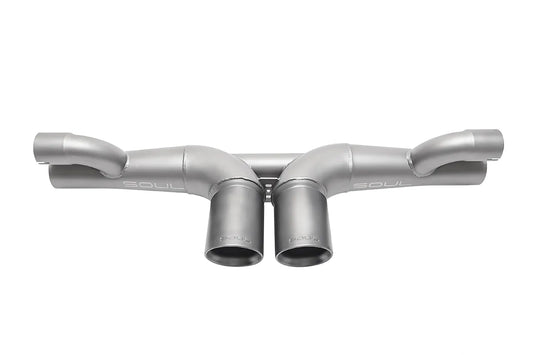 Soul Performance center muffler bypass exhaust system in silver for Porsche 911 GT3 on a white background.