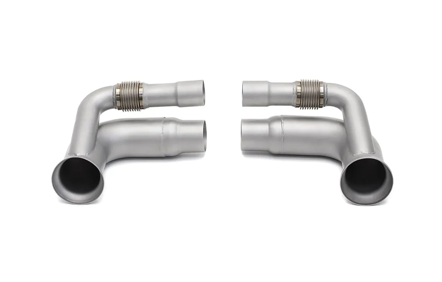 Pair of Soul Performance side muffler bypass exhaust pipes in silver for Porsche 911 GT3 on a white background.