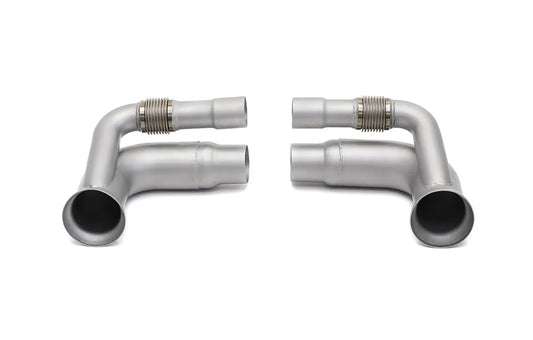 Pair of Soul Performance side muffler bypass exhaust pipes in silver for Porsche 911 GT3 on a white background.