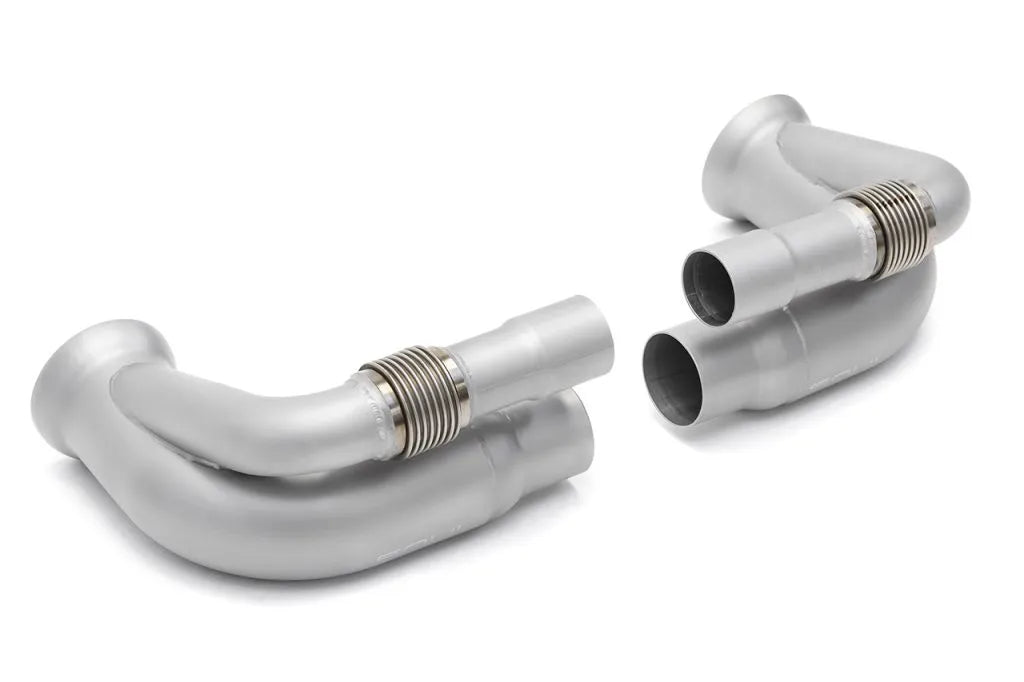 Pair of Soul Performance side muffler bypass exhaust pipes in silver for Porsche 911 GT3 on a white background.