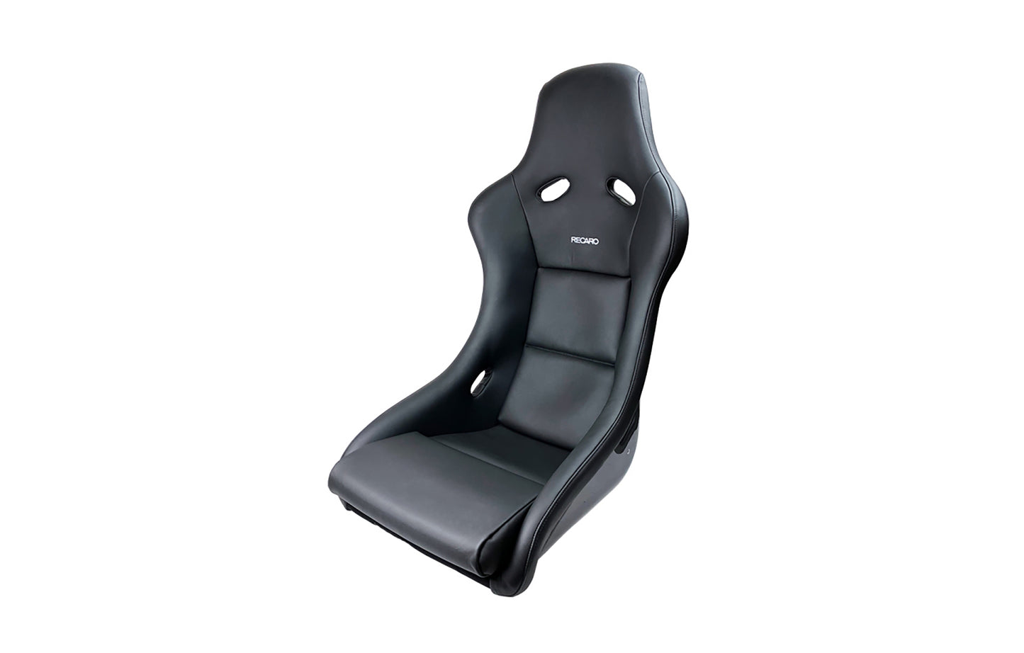 Recaro Pole Position black leather racing bucket seat with 'Recaro' branding on a white background.