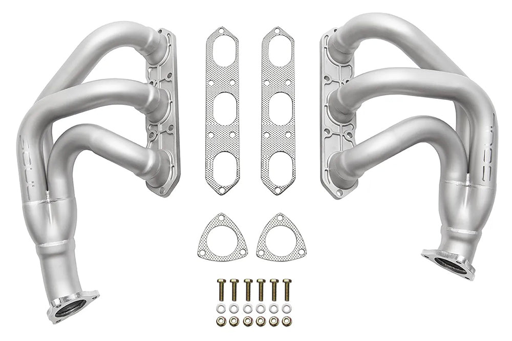 Soul performance competition headers and gaskets for Porsche on a white background.