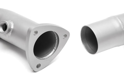 Close up of Soul performance sport catalytic converter bypass pipe exhaust for Porsche on a white background.