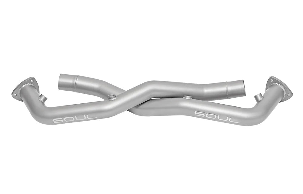 Soul performance sport catalytic converter bypass pipes for Porsche on a white background.