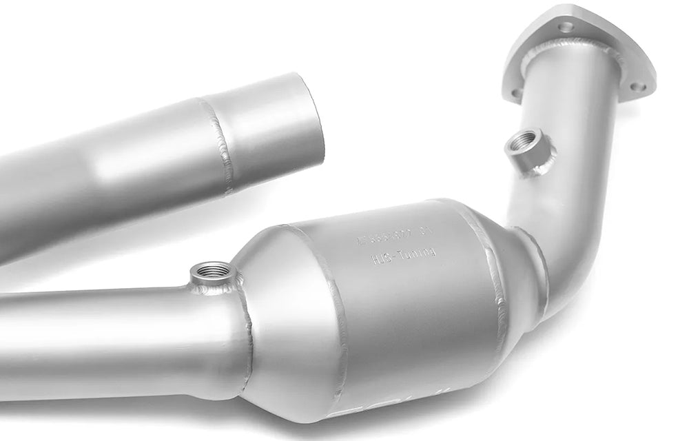 Close up of Soul performance sport catalytic converter for Porsche on a white background.