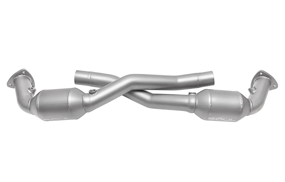 Soul performance sport catalytic converter for Porsche on a white background.