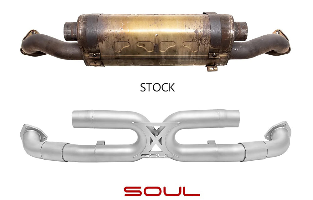 Comparison of stock center muffler and Soul performance center muffler bypass exhaust for Porsche on a white background.