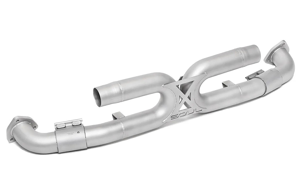 Soul performance center muffler bypass exhaust for Porsche on a white background.