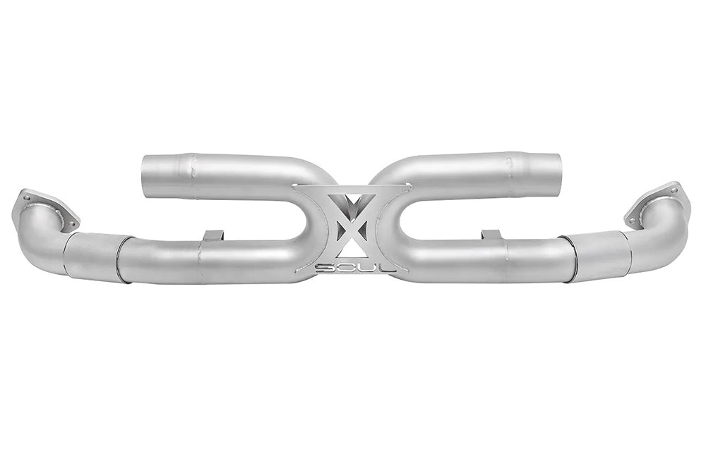 Soul performance center muffler bypass exhaust for Porsche on a white background.