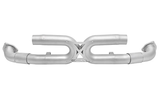 Soul performance center muffler bypass exhaust for Porsche on a white background.
