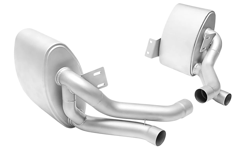 Soul performance side muffler exhaust for Porsche on a white background.