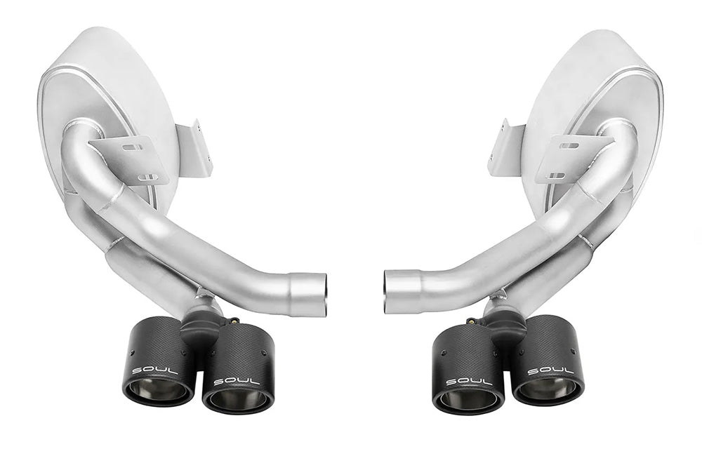 Soul performance side muffler exhaust with carbon fiber tips for Porsche on a white background.
