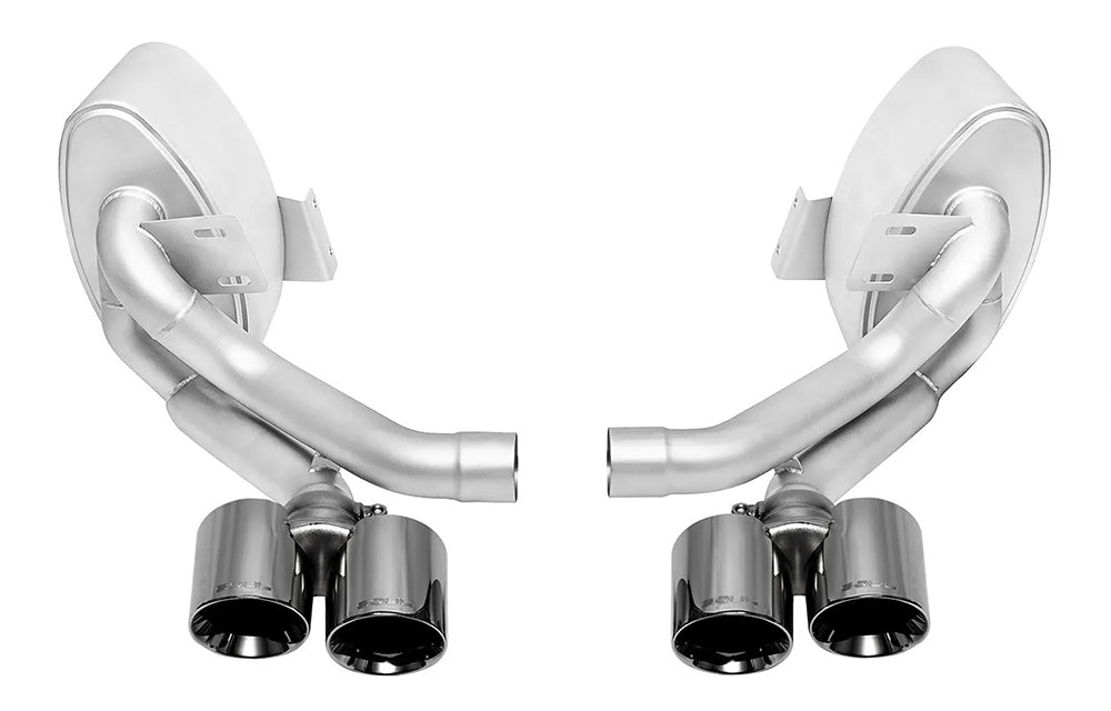 Soul performance side muffler exhaust with black chrome tips for Porsche on a white background.